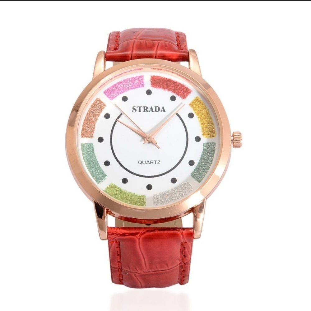 STRADA Watch Faux Red Leather Band Stainless